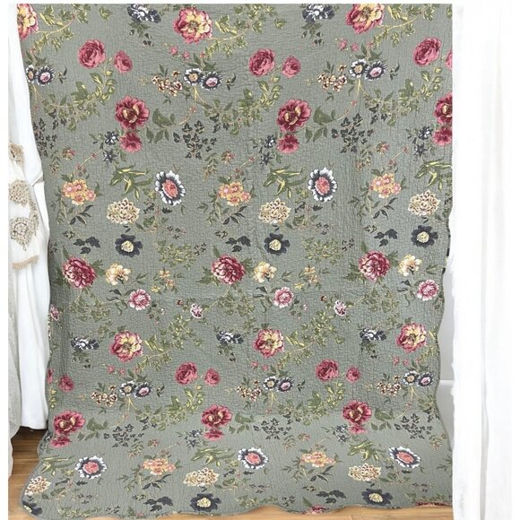 Pem America Green Floral Cottage French Country Farmhouse Quilt & Sham Set Twin - Picture 1 of 7